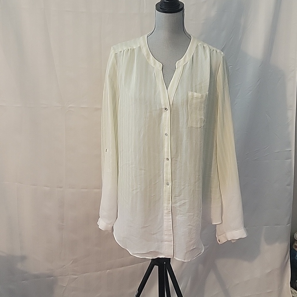 Zac & Rachel Womens Button Down White and Green Ombre Stripe Blouse, Size: L